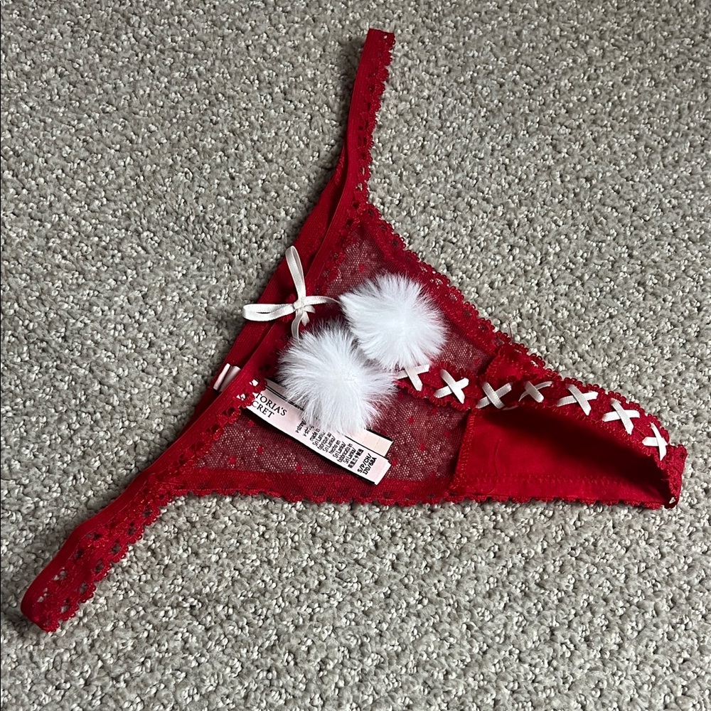 VS Red Lace Thong with Pom Poms